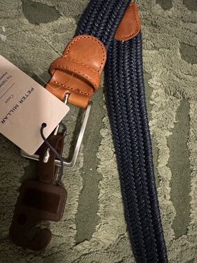 Peter Millar Navy Braided Belt with Tan Leather Accents